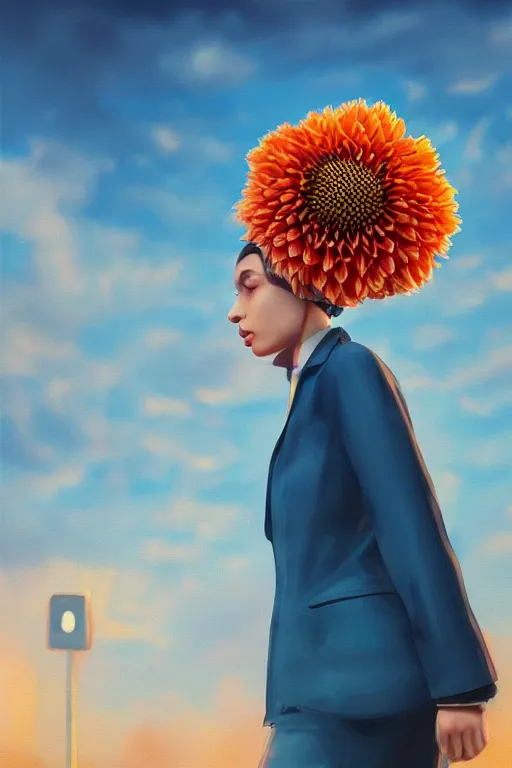 Image similar to closeup giant dahlia flower head, girl in a suit on a street, surreal photography, blue sky, sunrise, dramatic light, impressionist painting, digital painting, artstation, simon stalenhag