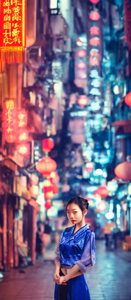 Image similar to a beautiful chinese young girl standing in the middle of a road on a night Hong Kong china town, blue color grading, cinematic color grading , unreal 5, hyperrealistic, realistic, photorealistic, dynamic lighting, highly detailed, cinematic landscape, studio landscape, studio lighting