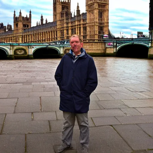 Image similar to a middle aged man explores london, digital art