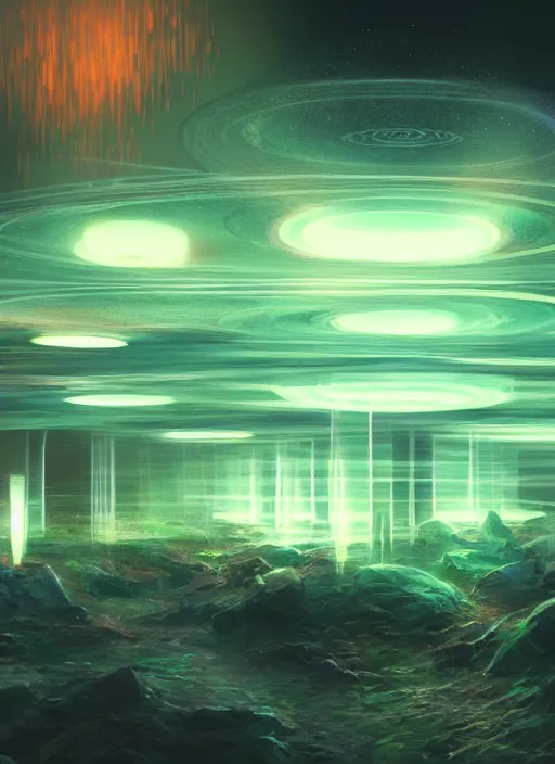 Prompt: high depth, collective civilization party!, calm, healing, resting, life, hybrids, scifi, glowing lights, published concept art, art in the style of all and none and everything and infinity, nightime long exposure