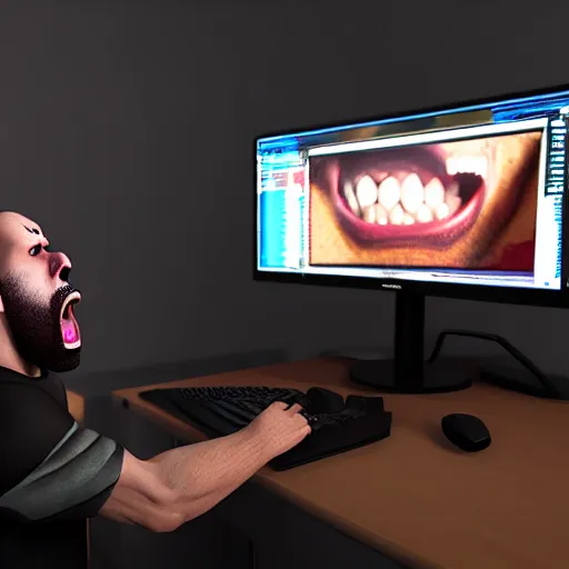 Image similar to an angry man yells at his computer monitor, unreal 4, render