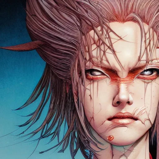 Image similar to portrait closeup of crazy tarry bogard, symmetrical, cinematic colors, by yoichi hatakenaka, masamune shirow, josan gonzales and dan mumford, ayami kojima, takato yamamoto, barclay shaw, karol bak, yukito kishiro