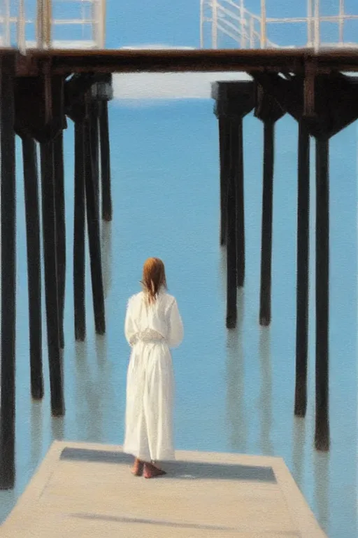 Image similar to painting of a woman standing at the end of a pier, the pier is white and has white railing, she is visible from behind and from distance, the sea surrounding the pier is calm, soft evening light, volumetric lighting, style of greg rutkowski