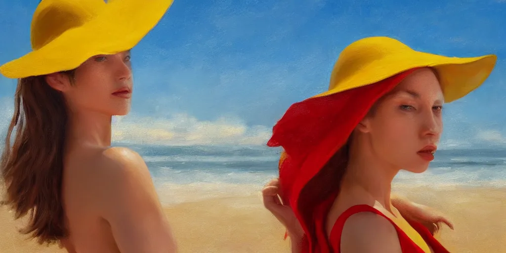 Image similar to beautiful oil matte portrait painting, young woman with red dress and mustard yellow summer hat at a beach on a sunny day, wonderful masterpiece highly detailed, beautiful cinematic light deep focus, elegant, digital painting, smooth, sharp focus, golden ratio, dramatic illumination, ultra realistic, 8 k, art by jimmy law