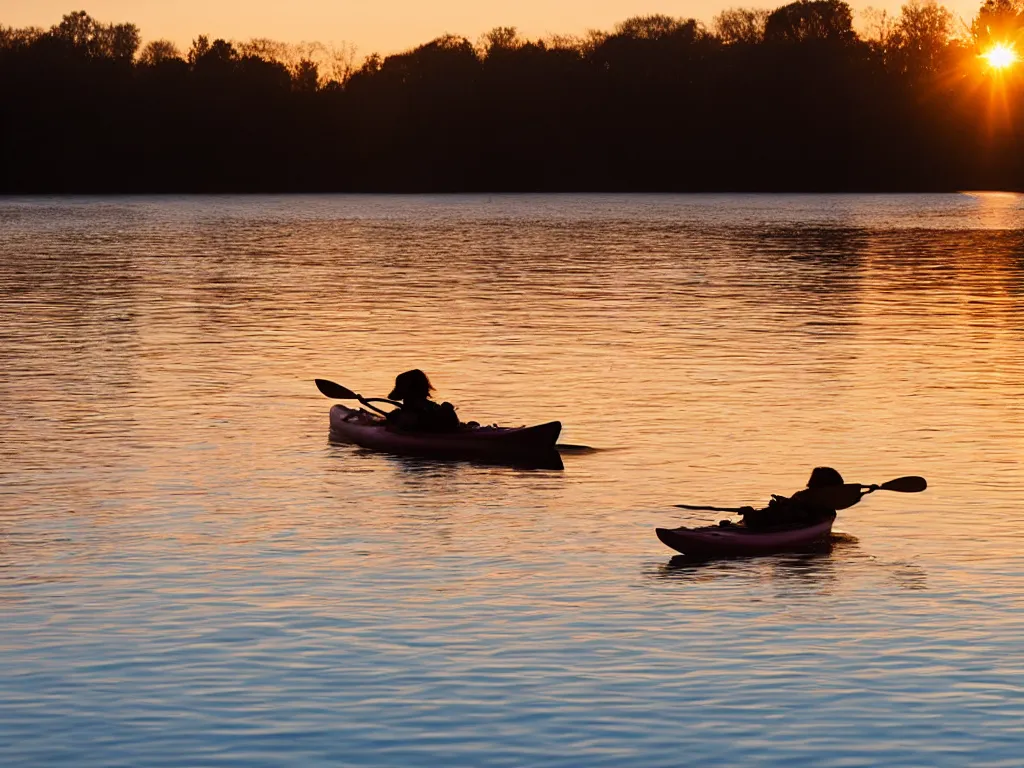 Prompt: a brown springer spaniel stood in a kayak, sunrise, beautiful early light, golden hour