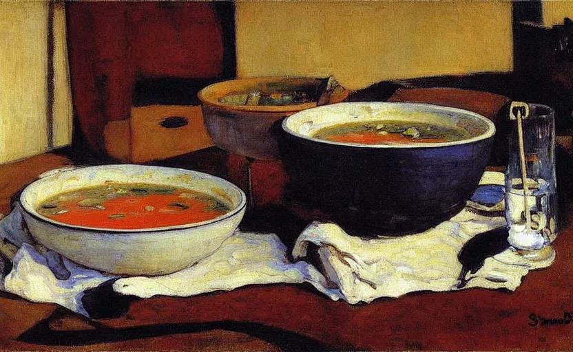 Prompt: a bowl of soup, by ricardo bofill, by stanhope forbes, by david bomberg, painting