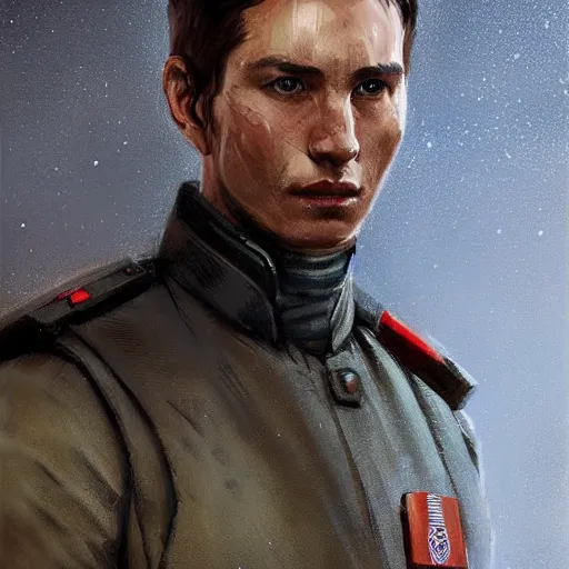 Prompt: portrait of a man by greg rutkowski, british features, short black hair in military style, perfect military composure, wearing an starfighter pilot uniform of the galactic republic, star wars expanded universe, he is about 2 0 years old, highly detailed portrait, digital painting, artstation, concept art, smooth, sharp foccus ilustration, artstation hq