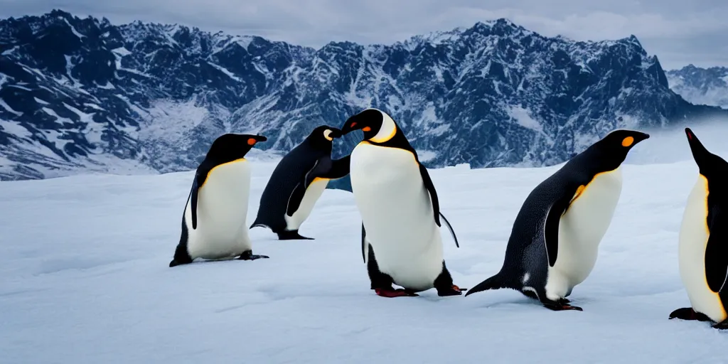 Image similar to ultrawide angle photograph of three penguins doing tricks on snowboards, 8 k