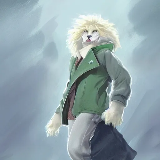 Prompt: aesthetic portrait commission of a albino male furry anthro lion in a rainy utopian city while wearing a cute green jacket cozy soft pastel winter outfit with pearls on it, rainy atmosphere. character design by charlie bowater, ross tran, artgerm, and makoto shinkai, detailed, inked, western comic book art, 2 0 2 1 award winning painting