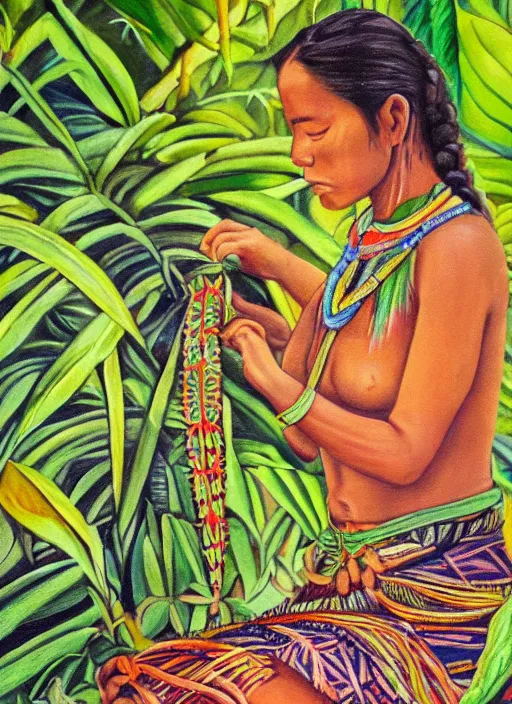 Image similar to a beautiful painting of an indigenous female doing crafting of a beautiful fabric in the jungle, realistic, ayahuasca