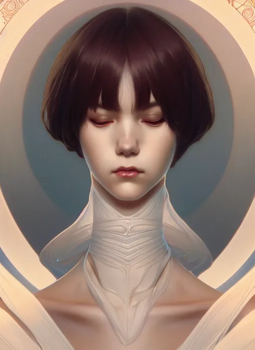 Prompt: symmetry portrait of ayanami rei, intricate, elegant, highly detailed, digital painting, artstation, concept art, smooth, sharp focus, illustration, art by artgerm and greg rutkowski and alphonse mucha, 8 k