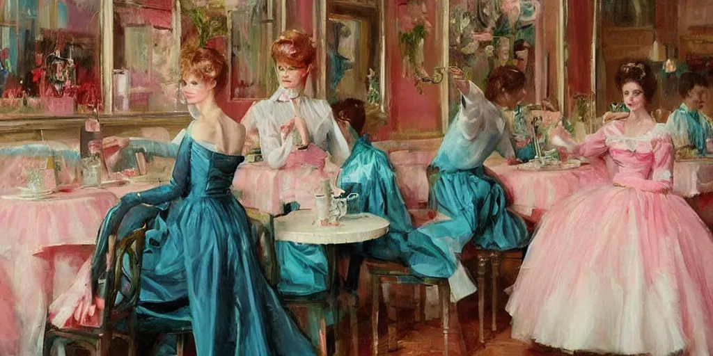 Image similar to 3 d david bowie, dressed in a pink, white, and teal ballgown, in an ice cream parlor, master painter and art style of noel coypel, art of emile eisman - semenowsky, art of edouard bisson