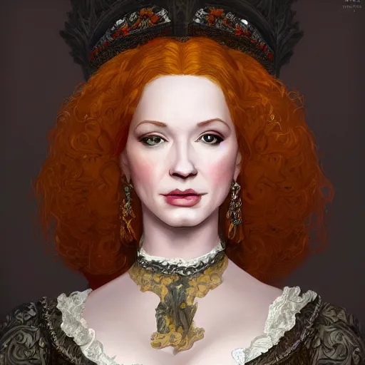 Prompt: a beautiful portrait of christina hendricks as a 1 6 th century noblewoman, fantasy, intricate, elegant, highly detailed, digital painting, artstation, concept art, matte, sharp focus, illustration, luminist and baroque style