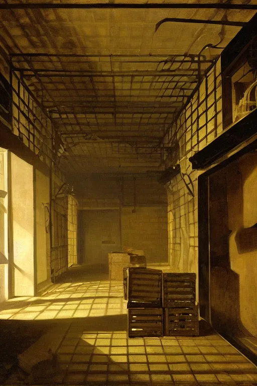 Prompt: a beautiful painting digital of a dark alley room at night with wooden crates metal grids by Pieter Claesz,