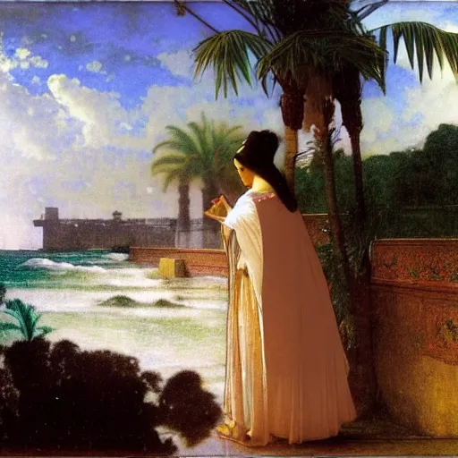 Image similar to Girl riding a horse leaving the castle through the bridge, thunderstorm, beach and palm trees on the background major arcana sky, by paul delaroche, alphonse mucha and arnold böcklin arnold böcklin hyperrealistic 8k, very detailed