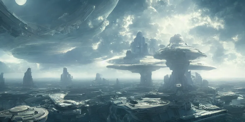 Image similar to cloud city, floating city in the sky, sci - fi sky city, octane render by greg rutkowski, ferdinand knab, makoto shinkai. digital render, 4 k
