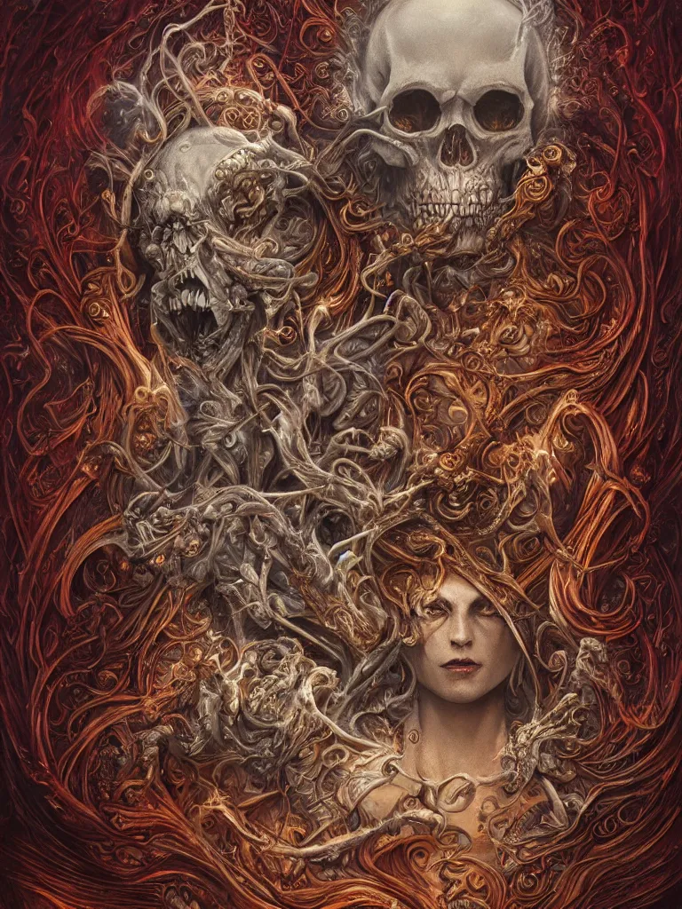 Image similar to A beautiful detailed orixa, tarot card, by tomasz alen kopera and Justin Gerard, symmetrical features, ominous, magical realism, texture, intricate, ornate, royally decorated, skull, skeleton, whirling smoke, embers, red adornements, red torn fabric, radiant colors, fantasy, trending on artstation, volumetric lighting, micro details, 3d sculpture, ray tracing, 8k, anaglyph effect