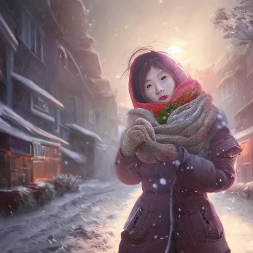 Image similar to the portrait a beautiful grocery young asia woman in down jacket, with a goosethe background is dust earth road ， river winter an snow, illustration by wenjun lin, irakli nadar, bright colors, octopath traveler, wenjun lin, unreal engine 5 highly rendered, global illumination, radiant light, detailed and intricate environment