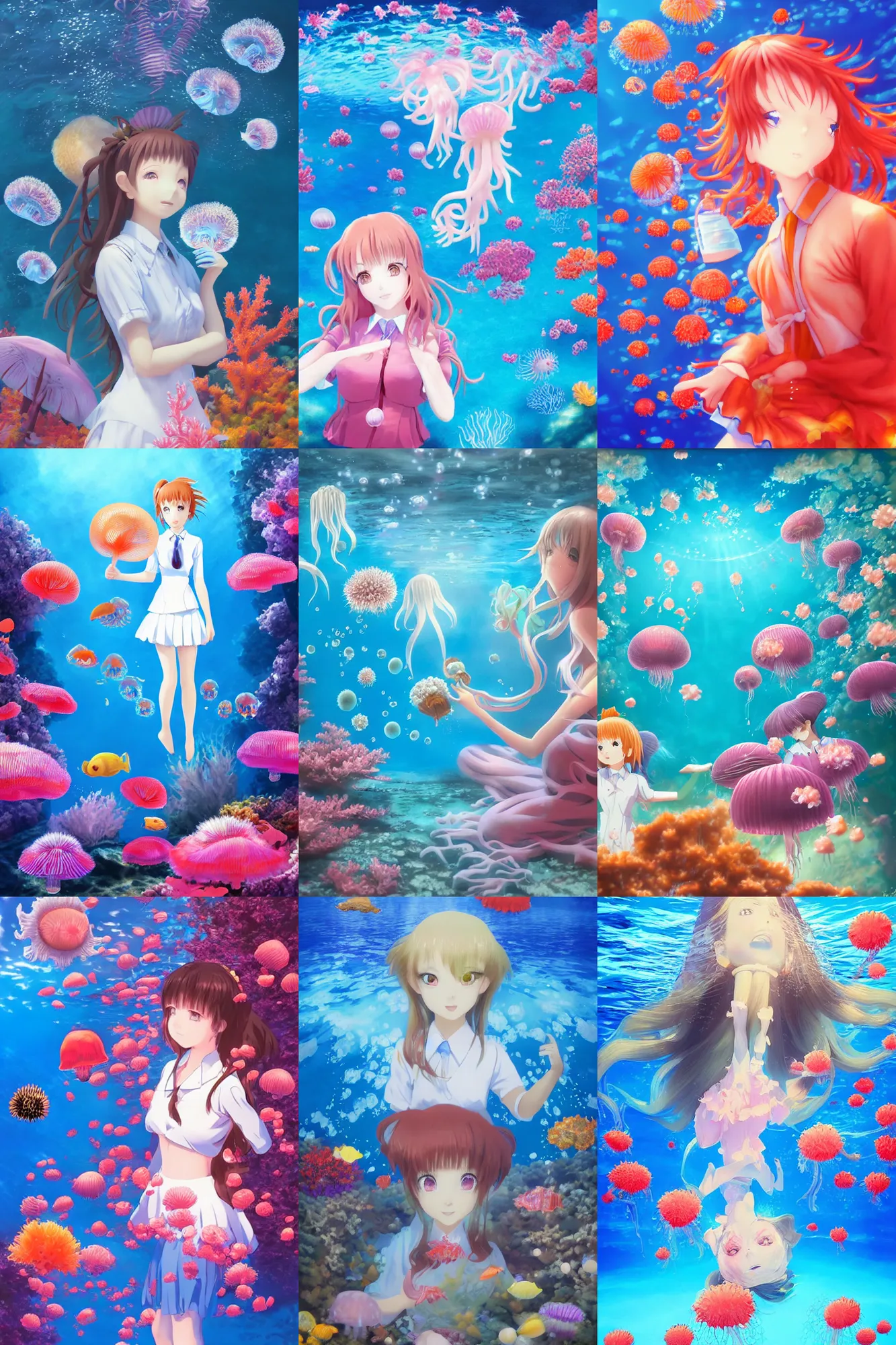 Prompt: 3d infrared render portrait of beauty 3d anime schoolgirls underwater school best friends. blue water on hawaii city. flowers and jellyfish. dramatic light, trending on artstation, art by hiro kiyohara and hayao miyazaki oil painting.