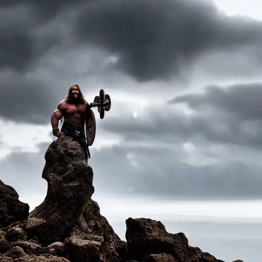 Prompt: cinematic shot of a muscular viking with a large beard standing on a rocky cliff with cloudy stormy weather in the sky, 8 k, very intricate, very detailed,