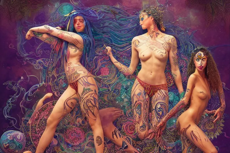 Image similar to a centered full body render of alluring festival hippies with tribal tattoos surrounded by a underwater ink pour and flowing liquid galium and sacred geometry, perfect body and faces, powerful, cinematic, beautifully lit, by artgerm, by karol bak, by donato giancola, 3 d, trending on artstation, octane render, 8 k