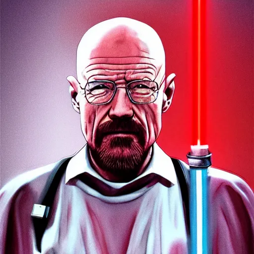 Prompt: Walter White holding a red light saber, accurate anatomy, accurate hands, highly detailed, digital art, portrait,