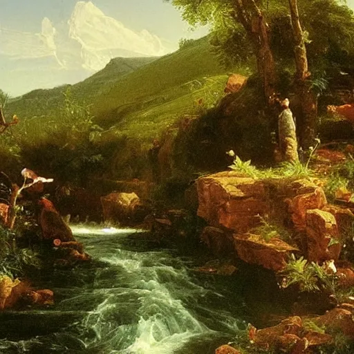 Image similar to The stream is a metaphor for life. It is always moving forward, even though it may meander. An oil painting by Thomas Cole