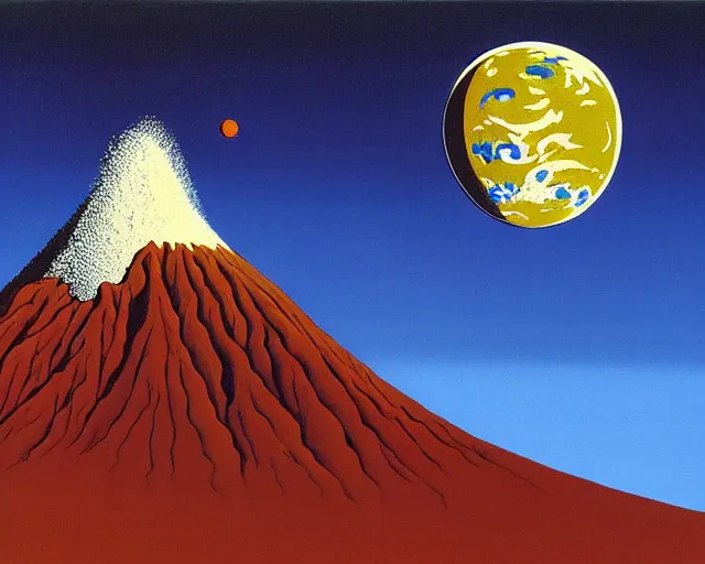 Image similar to Painting of a volcano on the moon with Earth visible in the sky by Guy Billout