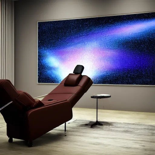 Image similar to recliner chair floating in space, acupuncture treatment, rendered in octane, 8 k, photorealistic person receiving acupuncture, galactic background, dreamy, dramatic lighting, universe scale