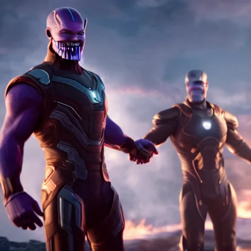 Prompt: an octane render from tom cruise shaking hands with thanos at the battle field of avengers endgame, cinematic, high resolution film render 100k, photo realistic