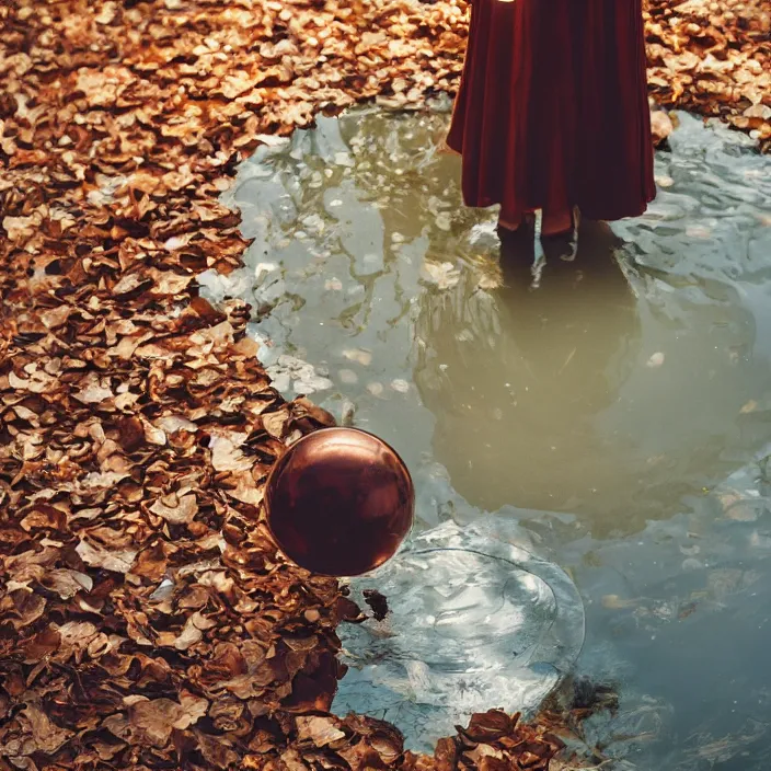 Prompt: a closeup portrait of a woman wrapped in plastic, standing next to a levitating copper orb, in a pond, color photograph, by vincent desiderio, canon eos c 3 0 0, ƒ 1. 8, 3 5 mm, 8 k, medium - format print