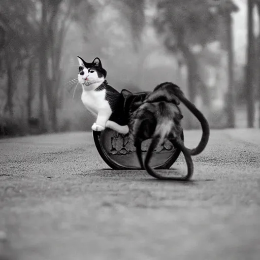 Prompt: cat riding a dog into battle, photography