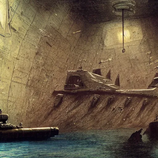 Image similar to shipwrecked soviet submarine interior, movie still, cinematic Eastman 5384 film, dark fantasy, intricate, smooth, artstation, Wayne Barlowe, zdislav beksinski