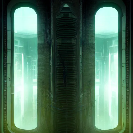 Image similar to One dilapidated building with only one window glowing. ArtStation, Cyberpunk, Vertical Symmetry, 8K, Highly Detailed, Intricate, Album Art.