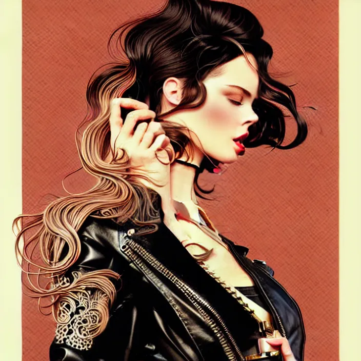 Prompt: woman in leather illustration, vector art style, medium shot, intricate, elegant, highly detailed, digital art, ffffound, art by jc leyendecker and sachin teng