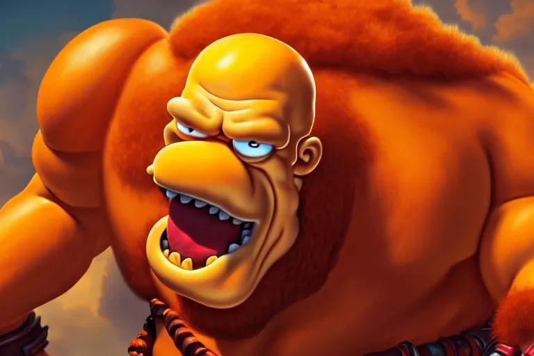 Image similar to a very detailed art of homer simpson mixed with garrosh hellscream from warcraft trending on artstation, digital art, 4 k, hyper realistic, octane render, sharp focus