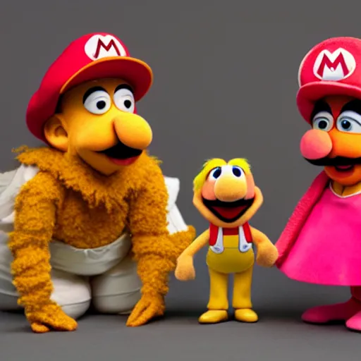 Image similar to A full body still of Mario and Princess Peach as muppets, photo real, photographic, photograph, artstation, trending, award winning, epic lighting, featured