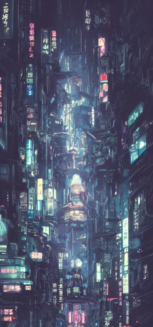 Image similar to cyberpunk robot in future japan at night, concept art, fine details, studio ghibli, cinematic lighting, ghost-in-the-shell, cyberpunk,sci-fi, fantasy, intricate, elegant, highly detailed, digital painting, trending on artstation, concept art, smooth, sharp focus, illustration, by james gurney and greg rutkowski