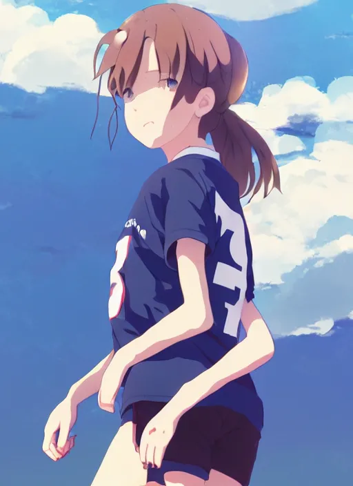 Image similar to portrait of high school runner girl, sunny sky background stadium landscape illustration concept art anime key visual trending pixiv fanbox by wlop and greg rutkowski and makoto shinkai and studio ghibli and kyoto animation real face symmetrical facial features short down hair sports clothing marathon race sponsors nike shirt