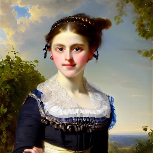 Image similar to portrait of a german teenage princess, circa 1 8 5 0 by franz xaver winterhalter, highly detailed, beautiful, oil on canvas, 1 8 5 0 s, romanticism