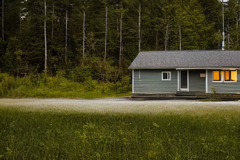 Prompt: a solitary 1 9 6 0 s bungalow style cottage near raven lake, on the outskirts of halifax, ns. hd photography, realistic, inspired by gregory crewdson.