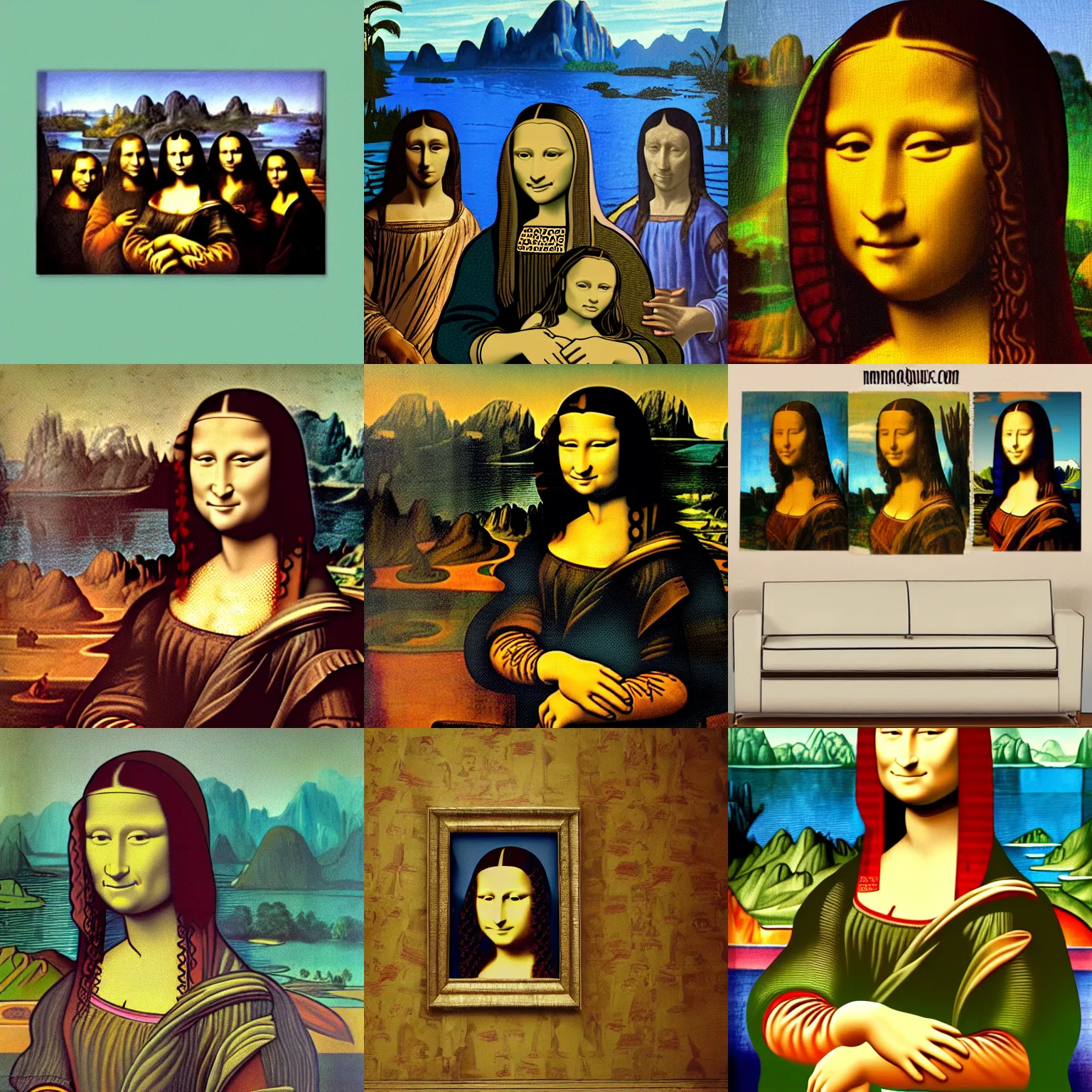 Prompt: moais in mona lisa paint backgroud ( mona lisa backgroud )