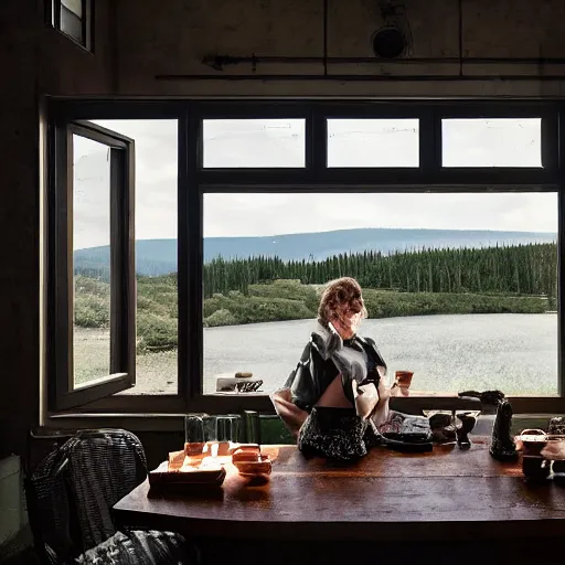 Prompt: a delicious coffee, a great view, dramatic colored lighting, mysterious ambiance : : gregory crewdson photo style : : nikon d 8 1 0, ƒ / 2. 5, focal length : 8 5. 0 mm, exposure time : 1 / 8 0 0, iso : 2 0 0