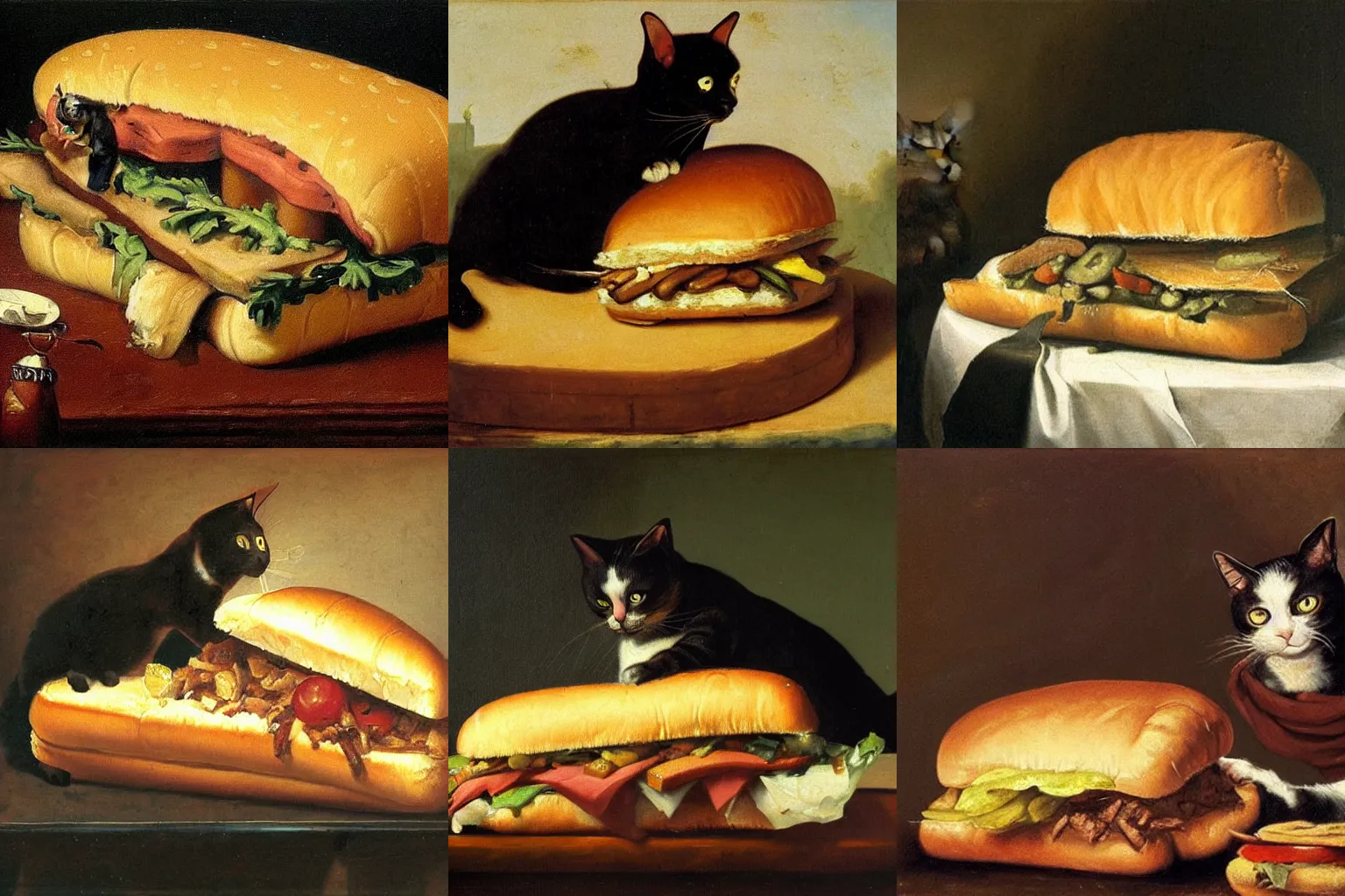 Prompt: an oil painting of a cat eating a big sandwich, by Rembrant