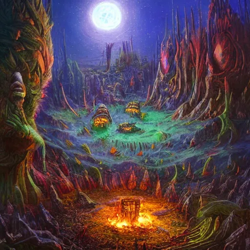 Image similar to extraterrestrial funeral pyre on ancient post - apocalyptic planet, jim henson creature shop, vivid and colorful, thomas kincaid, cinematic, oil painting, highly detailed, illustration