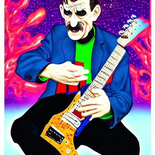 Prompt: Barry Chuckle Shredding on an electric guitar in the style of Jason Edmiston and Gary Panter