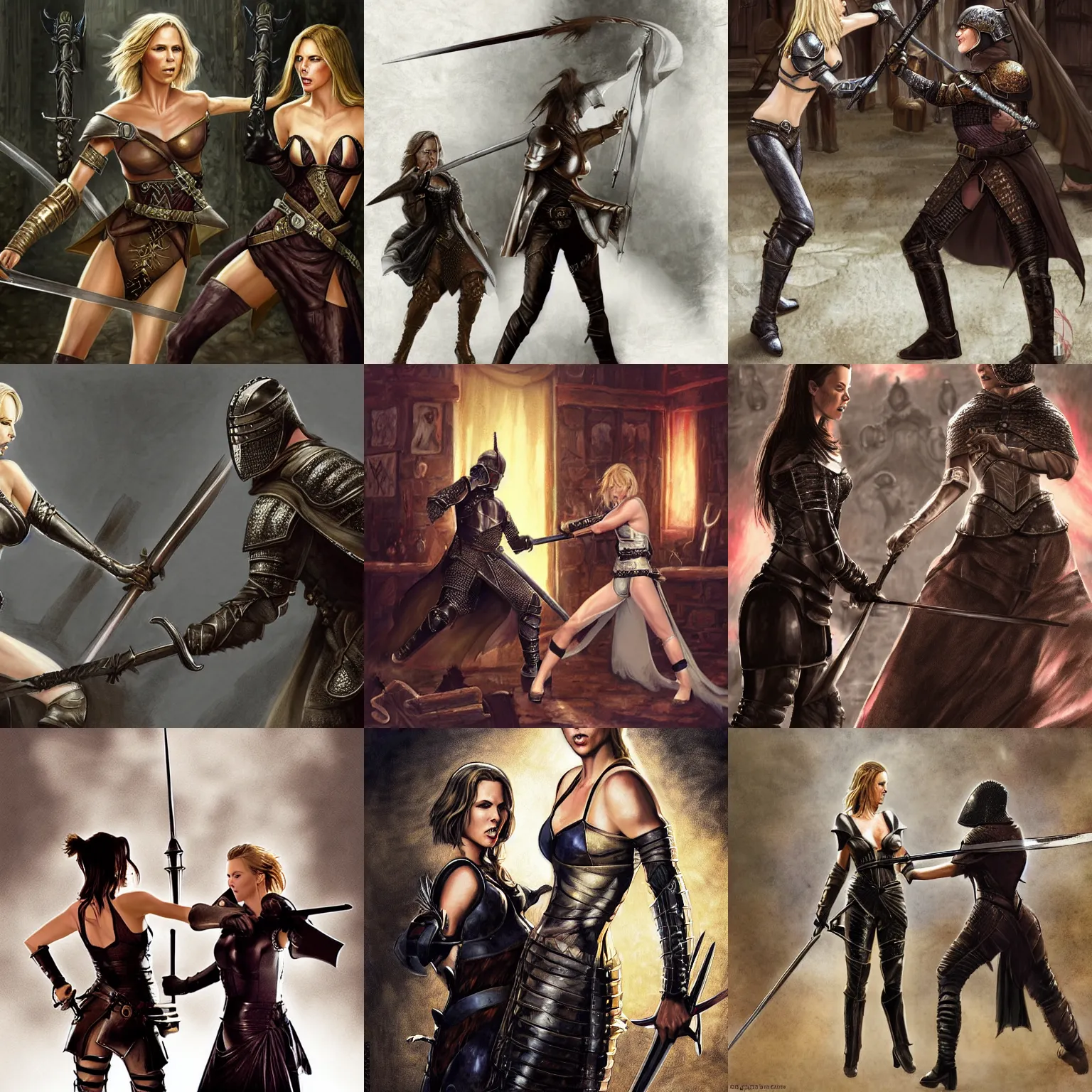 Prompt: charlize theron fighting with kate beckinsale, medieval weapon, fullplate armor, tavern background, dnd fantasy art by greg rutkovski