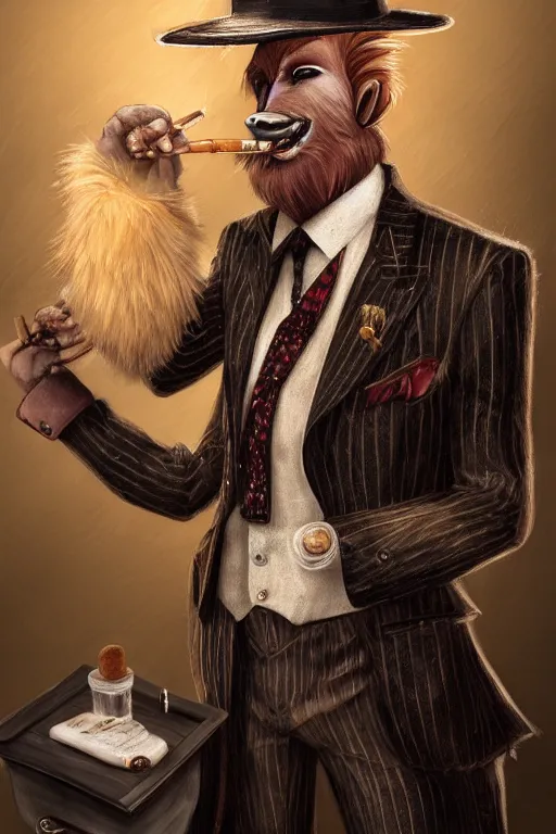 Prompt: beautiful portrait commission of a male furry anthro mountain goat wearing a pinstripe suit and waistcoat, smoking a cigar, award-winning character art, detailed, trending on artstation