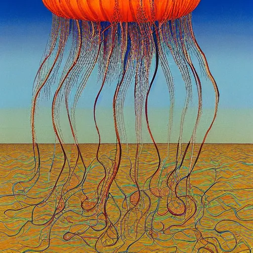 Prompt: a giant jellyfish made of data crawling out of the ocean and leaving a trail of oil behind it, by mati klarwein,