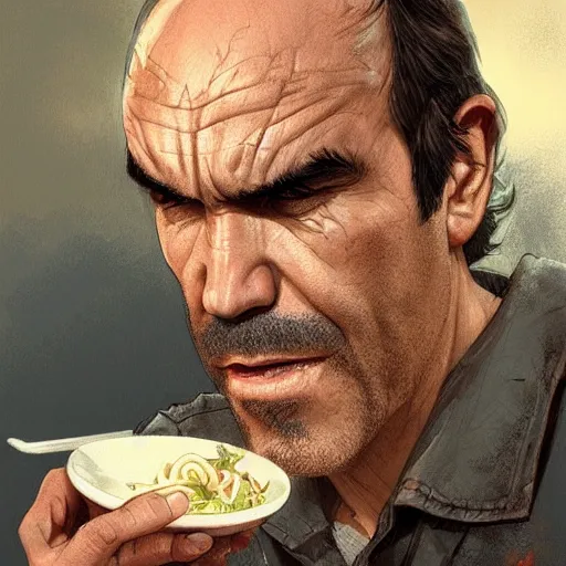 Image similar to trevor philips face on noodles, highly detailed, digital painting, artstation, concept art, smooth, sharp focus, illustration, art by artgerm and greg rutkowski and alphonse mucha